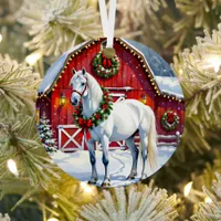A Festive White Horse and Winter Barn Christmas Metal Ornament