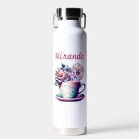 Personalized Pretty Vintage Tea Cup of Flowers Water Bottle