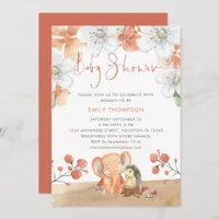 Elephant Hedgehog Florals Coral Girl Baby Shower Invitation