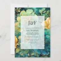 Verdigris and Gold Floral Wedding Monogram Invitation