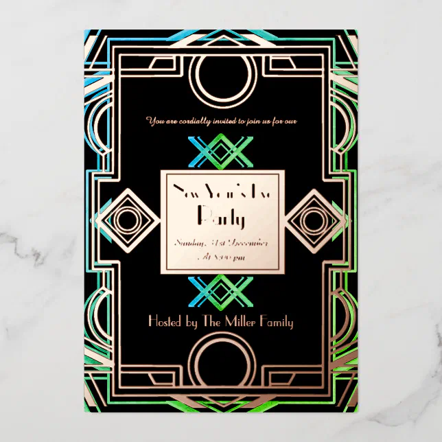 The roaring twenties with pink gold and green foil invitation