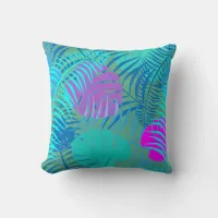 Aqua Blue Pink and Green Tropical Leaf Pattern Throw Pillow