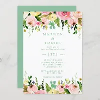 Rustic Floral Pink And Mint Green Wedding Invitation