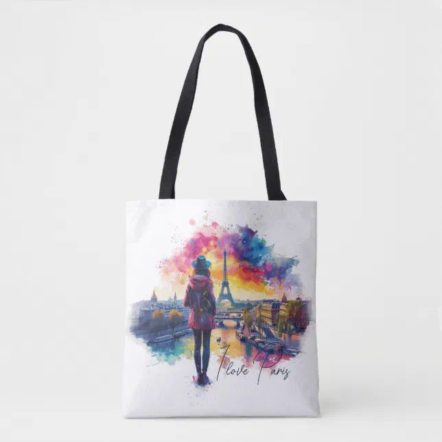 Watercolor Art of I love Paris Eiffel Tower Travel Tote Bag