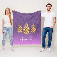 Purple pink gold pineapple glitter name fleece blanket