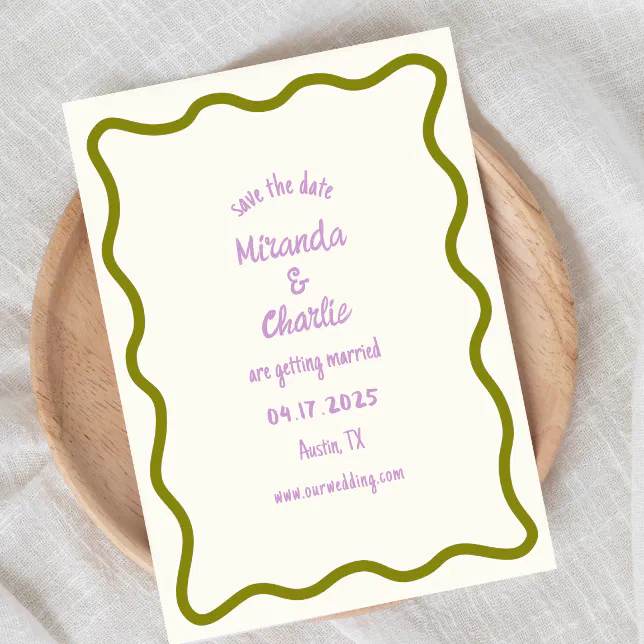 Whimsical Minimal Wavy Border Handwritten Casual Save The Date