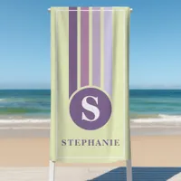 Retro Stripes Purple Monogram Name Personalized Beach Towel