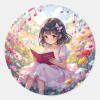 Cute Anime Girl Reading a Book Classic Round Sticker
