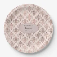 Rose Gold and Blush Pink Damask Foil Wedding Paper Plates