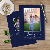 Modern Navy Blue Script Graduation Photo Thank You Card