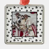 Cute Dog Name and Year with Photo Black Paw Prints Metal Ornament