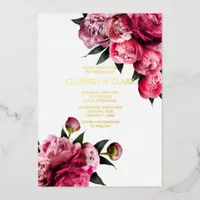 Bold Pink Modern Peony Flower Chic Wedding Foil Invitation