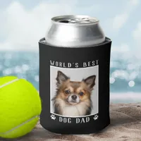 World's Best Dog Dad Paw Prints Pet Photo on Black Can Cooler