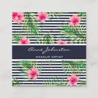 Makeup Artist Tropical Pink Flower Fern Navy Lines Square Business Card