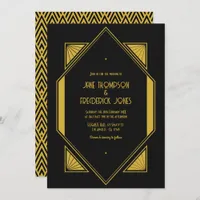 Noir & Champagne Gold Art Deco Wedding Photo Invitation