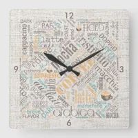Coffee on Burlap Word Cloud Teal ID283 Square Wall Clock