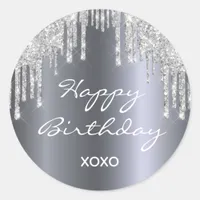 Happy Birthday glitter silver sparkle glam girly Classic Round Sticker