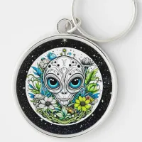 Extraterrestrial Alien in Flowers Starry Night Keychain