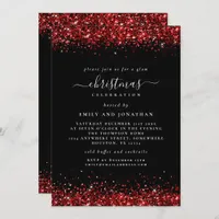 Glam Red Glitter Christmas Party Black Invitation