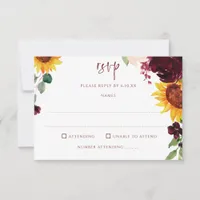 Sunflowers & Burgundy Red Roses Fall Wedding RSVP Card