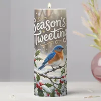 Season's Tweetings Colorful Birds on Snowy Holly Pillar Candle