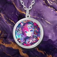 Glitchcore Colorful Anime Girl Artwork  Silver Plated Necklace