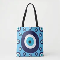 Boho Chic Lucky Greek Evil Eye Blue and White Tote Bag