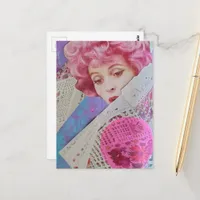Retro Pink Hair Lady Mixed Media Collage Postcard