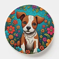 Cute Puppy with Whimsical Folk Art Flowers PopSocket