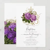 Purple and Gold Vintage Chic Floral Baptism Invitation