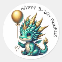 Personalized Gold Teal Dragon Boy's Birthday Party Classic Round Sticker