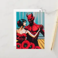 Retro Art Devil With Dancer in a Red Poppy Dress Postcard