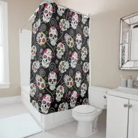 Sugar Skulls and Swirls Rose Black ID725 Shower Curtain