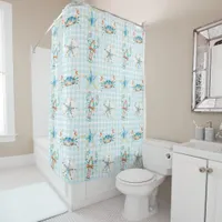 Beachy Blue Crab, Lobster, Starfish, Sand Dollar Shower Curtain