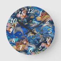 Ocean Dolphins Swimming Around Coral Reef Round Clock