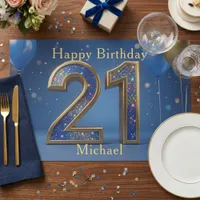 Blue Gold Glitter 21st Birthday Paper Placemat