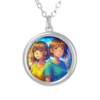 Anime Themed Twin Girl's  Silver Plated Necklace