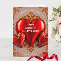 Red Hearts and Gold Flourishes Wedding Anniversary Card