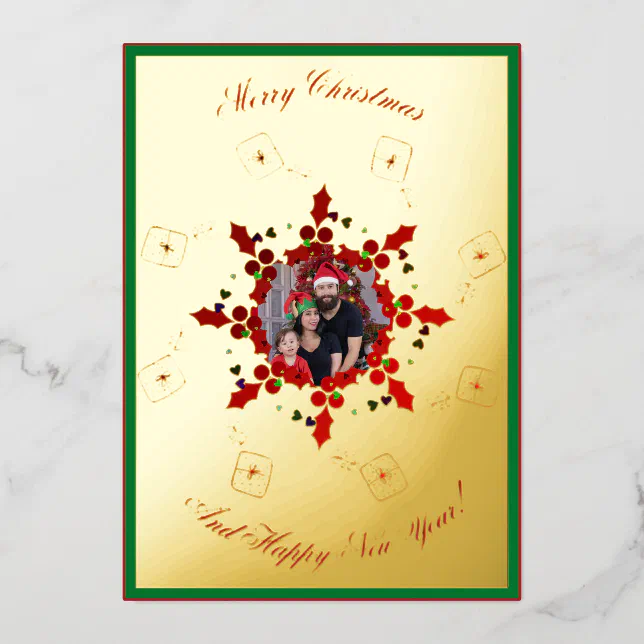 Merry Christmas - red green and gold - photo Foil Holiday Card