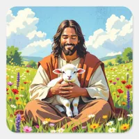 Jesus holding a Lamb | Religious Christian Square Sticker