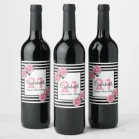 Black white stripes pink florals 21st birthday wine label