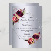Silver burgundy florals geometric wedding invitation
