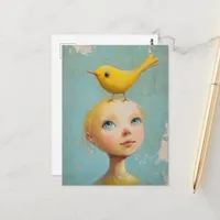 Whimsical Woman with yellow bird on her head Postcard