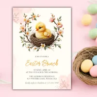 Easter Baby Chick Yellow Pink Floral Wreath Brunch Invitation