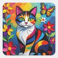 Colorful Paper Cat, Flowers and Butterflies Square Sticker