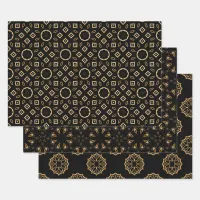 Black and Gold Filigree Ornaments Mosaic Patterns Wrapping Paper Sheets