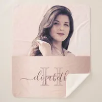 Rose gold blush pink photo monogram name sherpa blanket