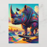 Funny Colorful Surreal Rhino Skateboarding Postcard