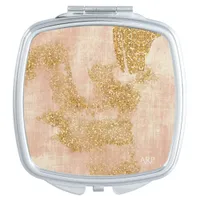 *~* Blush Pink Gold Glitter Vintage Golden Compact Mirror