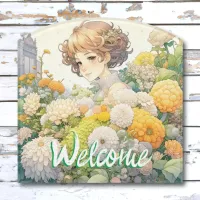 Anime Girl in Yellow and White Flowers Welcome Door Sign